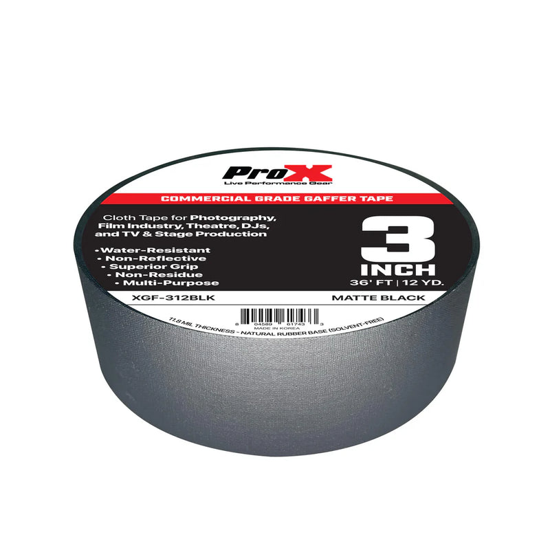 PRO-X- XGF-360BLK - ProX XGF-360BLK 3in Commercial Grade Gaffer Tape Pros Choice Non-Residue 180ft (Matte Black)