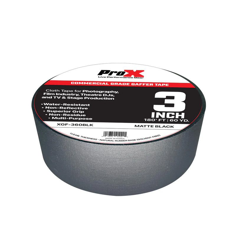 PROX-XGF-360BLK - ProX XGF-360BLK 3in Commercial Grade Gaffer Tape Pros Choice Non-Residue 180ft (Matte Black)