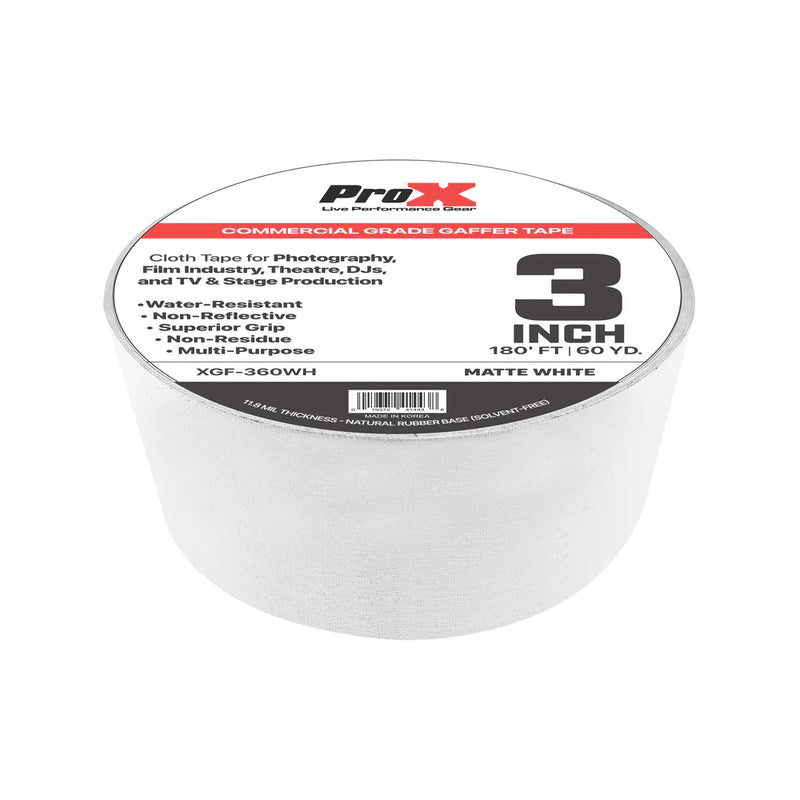 PROX-XGF-360W - ProX XGF-360WH 3in Commercial Grade Gaffer Tape Pros Choice Non-Residue 180ft (Matte White)