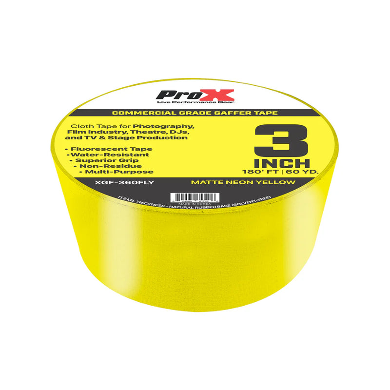 PRO-X- XGF-360FLY - ProX XGF-360FLY 3in Commercial Grade Gaffer Tape Pros Choice Non-Residue 180ft (Matte Neon Yellow)