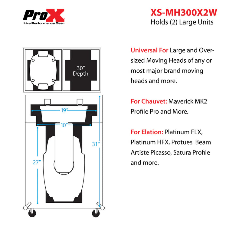 PRO-X- XS-MH300X2W - ProX XS-MH300X2W 300 Style Moving Head Transport Case for 2 Units