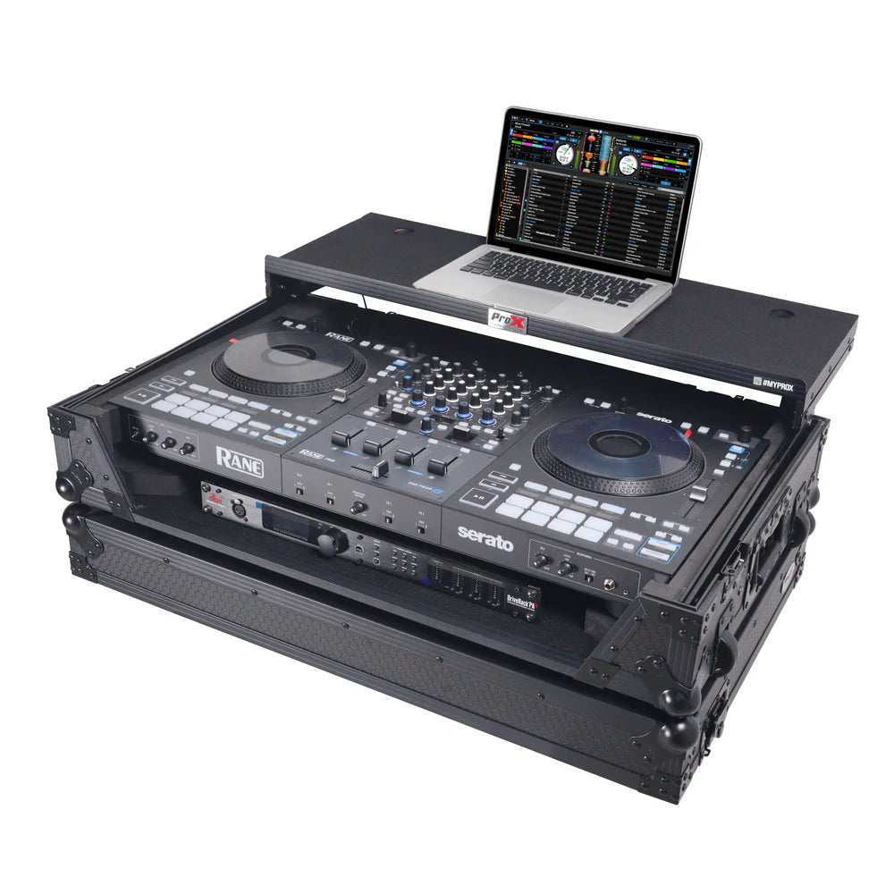 PRO-X- XS-RANEFOUR WLTBL LED - ProX XS-RANEFOUR WLTBL LED ATA Flight Style Road Case For RANE Four DJ Controller with Laptop Shelf 1U Rack Space LED and Wheels (Black)