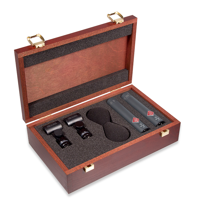 Neumann KM184 STEREOSET Stereo set includes two each: KM 184, SG 21 BK, WNS 100 in one woodbox - Neumann KM184 STEREO SET Matched Microphone Pair (Nickel)