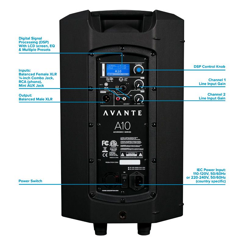 AVANTE A10 (Demo-The pair- Free covers) Achromic Series 10-inch, 2-way Active Loudspeaker. Built-in Digital Signal Processing (DSP) with LCD screen, EQ & multiple presets.