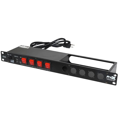 PROX-X-PC4XLR-USB - ProX X-PC4XLR-USB 1U 15Amp Circuit 4CH Switch Panel W-2 USB and 5 Punched XLR Space