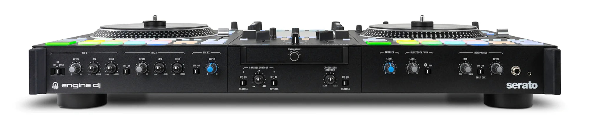 Serato DJ mixer with control panel on a white background