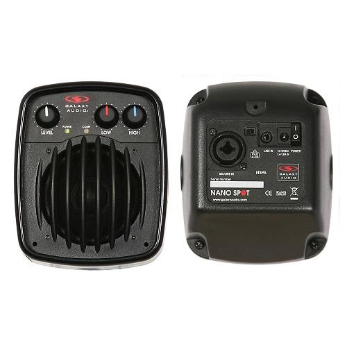 Galaxy Audio NSPA POWERED NANO SPOT: 30 watts, 1 XLR/1/4" balanced w/20dB pad, 1/8" stereo, 24Vdc, build in compressor, wall/stand mount bracket included, 2 band EQ, 5" x 4.25" x 4.5", 1.75lbs