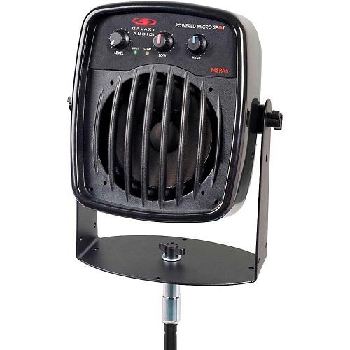 Galaxy Audio MSPA5 Powered Microspot: Powered MSPA5: Compact PA system: 1-4.5" full range speaker, 100 watts; freq resp: 150 Hz-17kHz, EQ: two band, (1) XLR input, (1) 1/4"  input, (1) 1/8" stereo summing input, stand/wall mount bracket included