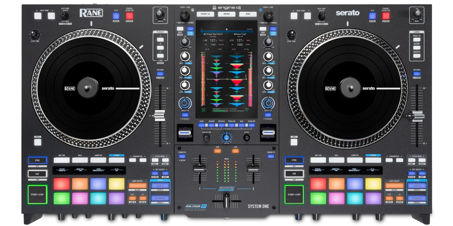 DJ controller with turntables and control panel with 7'' touchscreen 