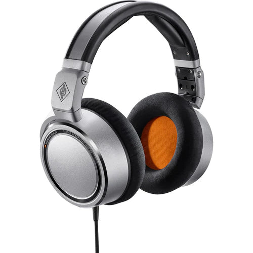 Neumann NDH 20 Closed-back studio headphone, silver with black and orange trim. Includes (1) NDH 20, (1) straight cable, (1) coiled cable, (1) 6.3mm (1/4") adapter, and (1) cloth pouch