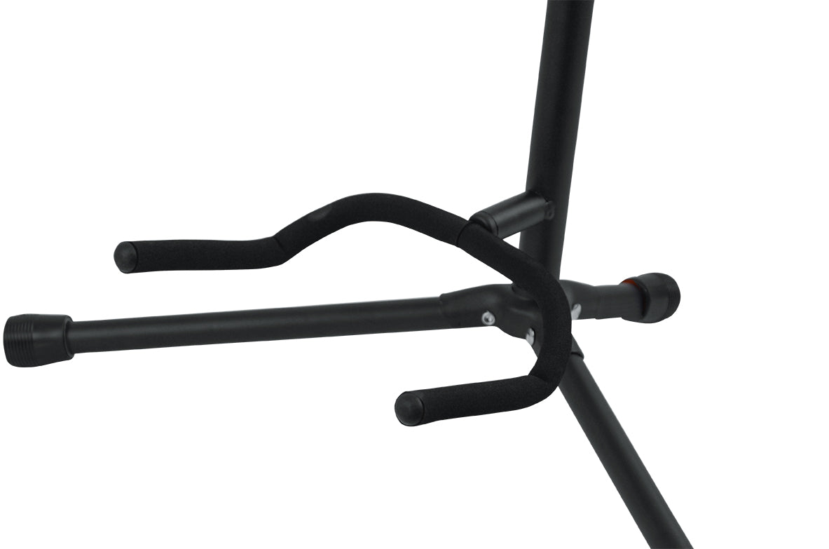 GATOR GFW-GTR-1000 Single guitar stand with heavy duty steel tubing and instrument finish friendly rubber padding. Will hold both acoustic and electric guitars.