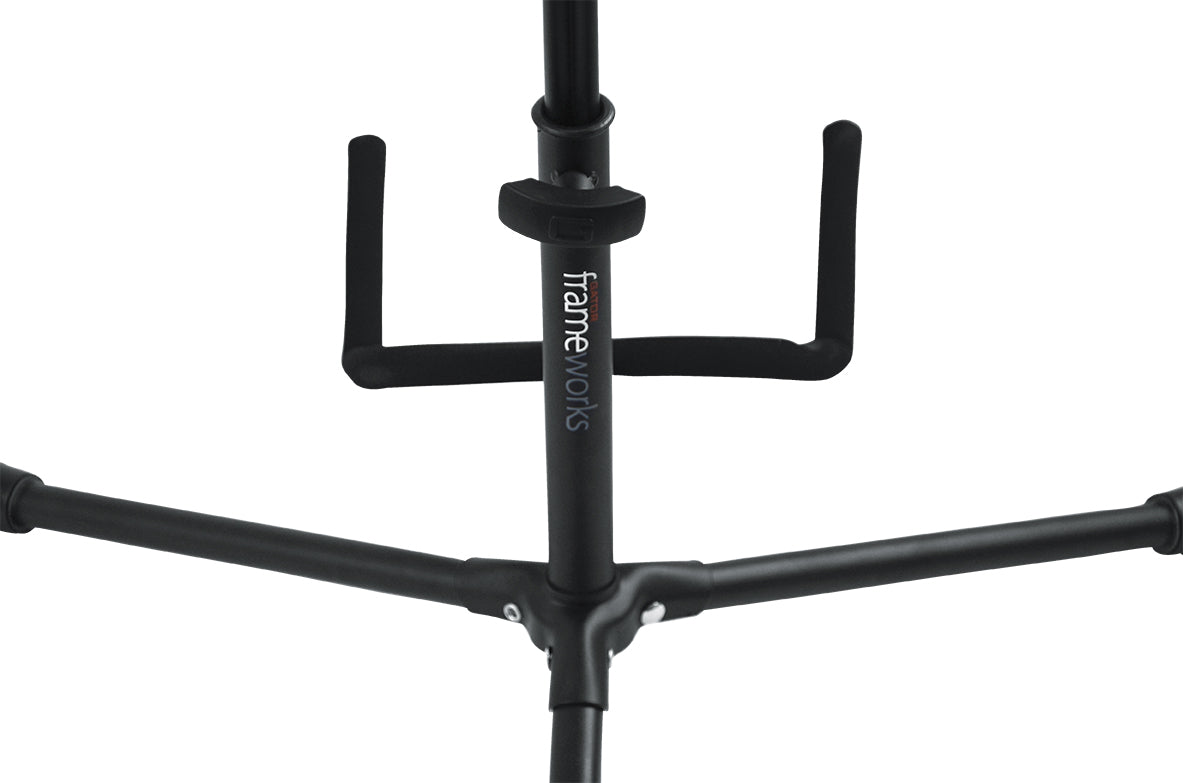 GATOR GFW-GTR-1000 Single guitar stand with heavy duty steel tubing and instrument finish friendly rubber padding. Will hold both acoustic and electric guitars.