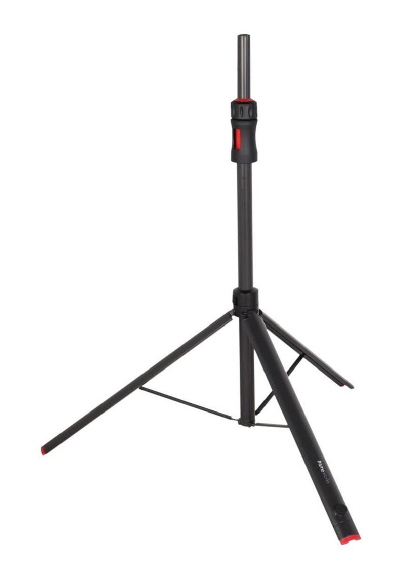 GATOR GFW-ID-SPKR ID series adjustable speaker stand with piston driven lift assistance, easy one handed CAM operation, and adjustable 3rd leg for uneven surfaces.
