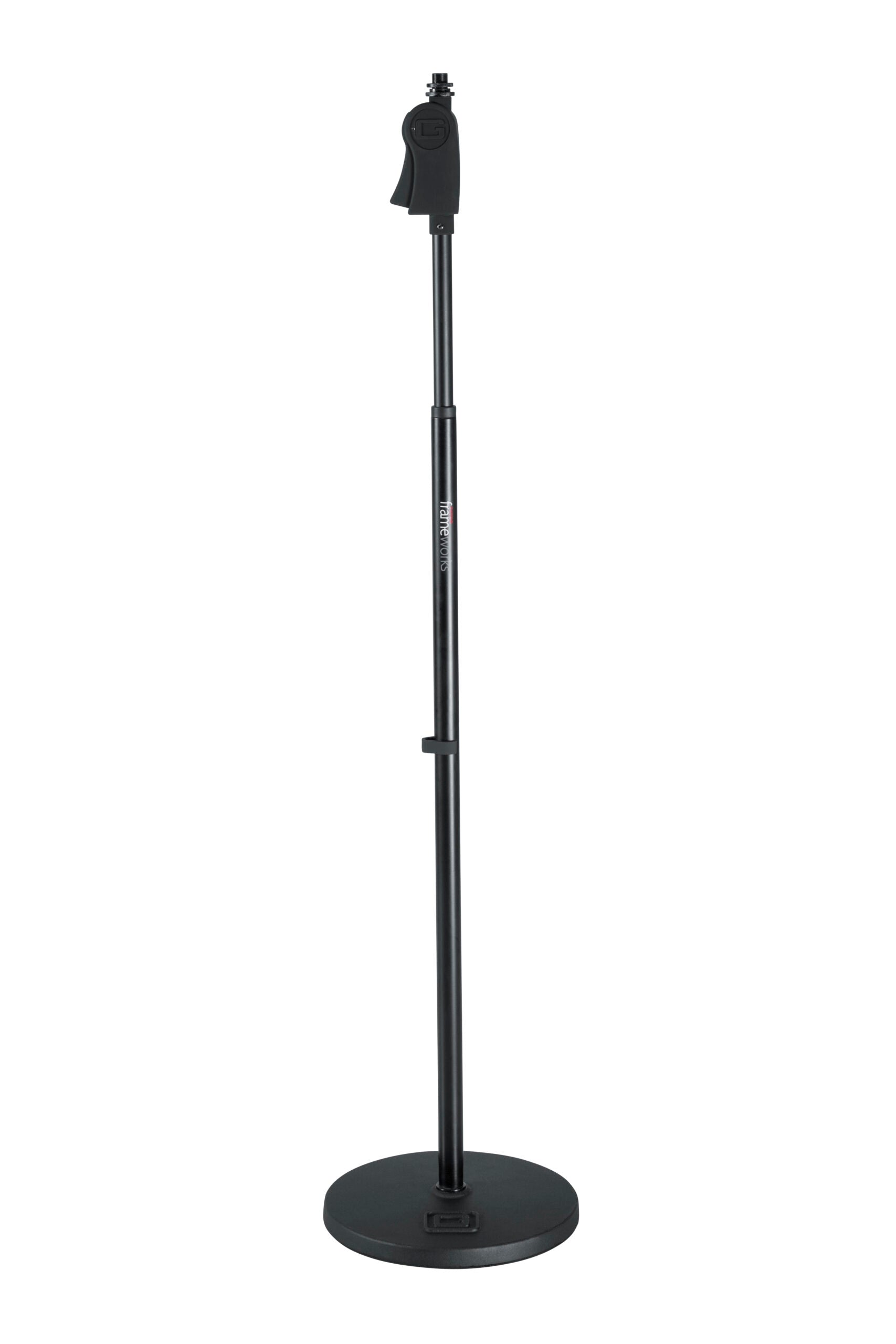 GATOR GFW-MIC-1001 Deluxe 10" roundbase mic stand with vibration reducing gasket & deluxe one handed clutch. Heavy duty steel construction.