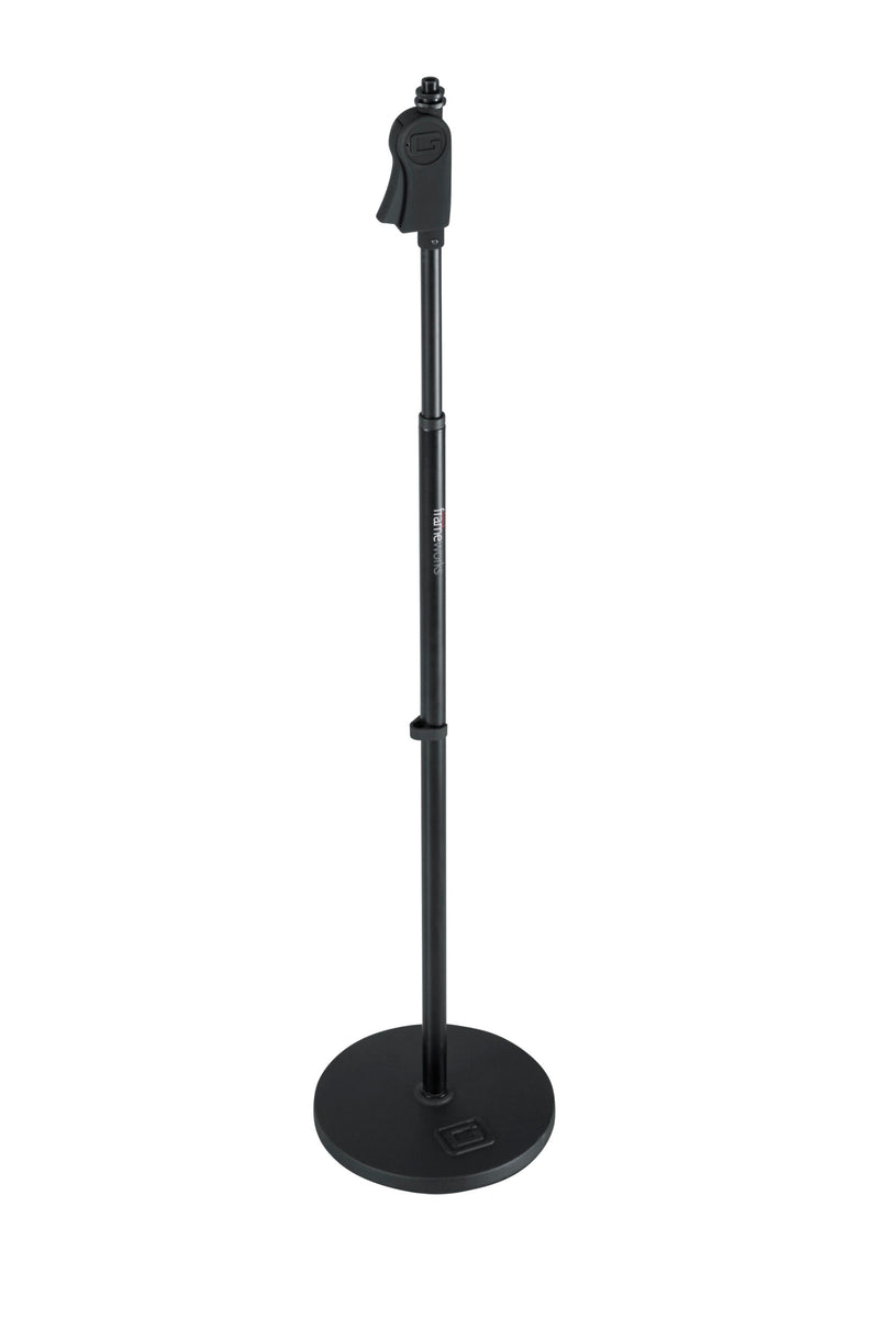 GATOR GFW-MIC-1001 Deluxe 10" roundbase mic stand with vibration reducing gasket & deluxe one handed clutch. Heavy duty steel construction.