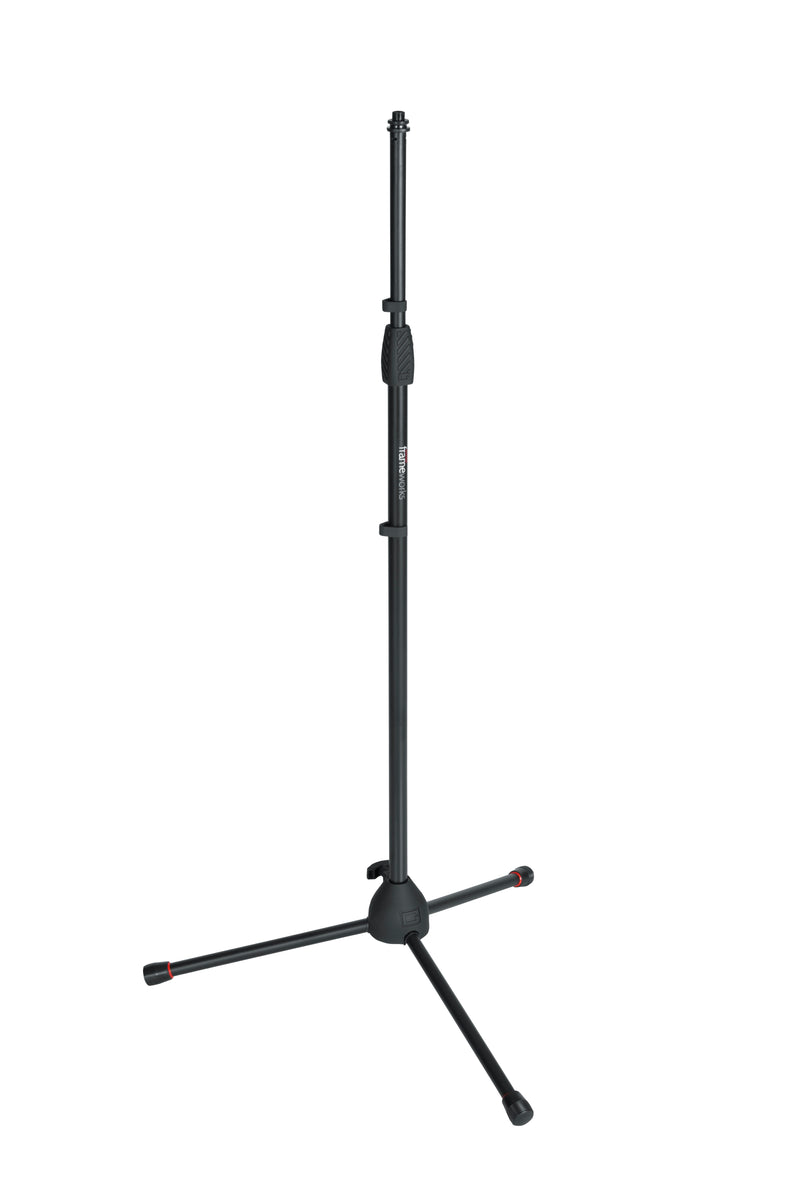 GATOR GFW-MIC-2000 Standard tripod mic stand with standard twist clutch. Heavy duty steel construction with collapsible tripod legs and removable red safety trim on feet.