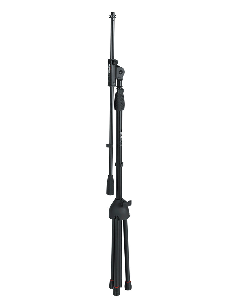 GATOR GFW-MIC-2010 Standard tripod mic stand with single section boom and standard twist clutch. Heavy duty steel construction with collapsible tripod legs and removable red safety trim on feet.