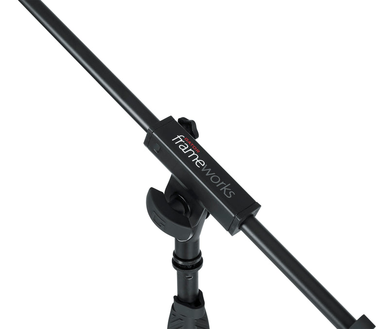 GATOR GFW-MIC-2010 Standard tripod mic stand with single section boom and standard twist clutch. Heavy duty steel construction with collapsible tripod legs and removable red safety trim on feet.