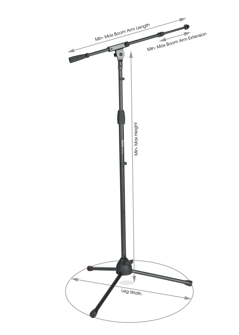 GATOR GFW-MIC-2020 Standard tripod mic stand with telescoping boom and standard twist clutch. Heavy duty steel construction with collapsible tripod legs and removable red safety trim on feet.