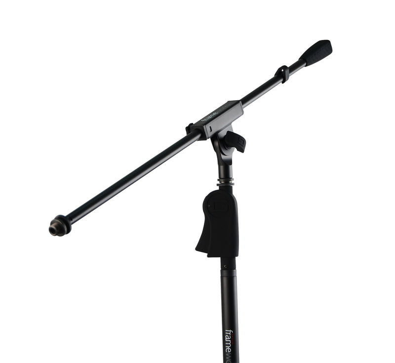 GATOR GFW-MIC-2110 Deluxe tripod mic stand with single section boom and deluxe one handed clutch. Heavy duty steel construction with collapsible tripod legs and removable red safety trim on feet.