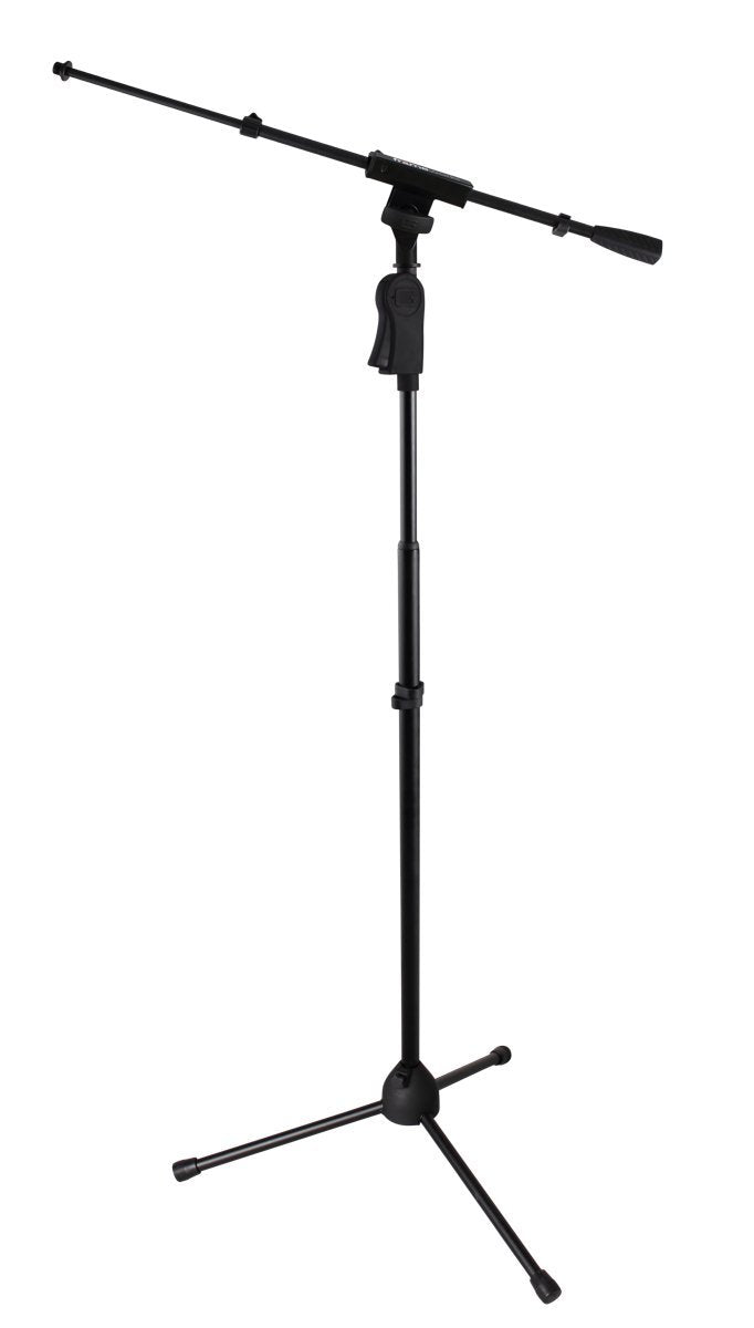 GATOR GFW-MIC-2120 Deluxe tripod mic stand with telescoping boom and deluxe one handed clutch. Heavy duty steel construction with collapsible tripod legs and removable red safety trim on feet.