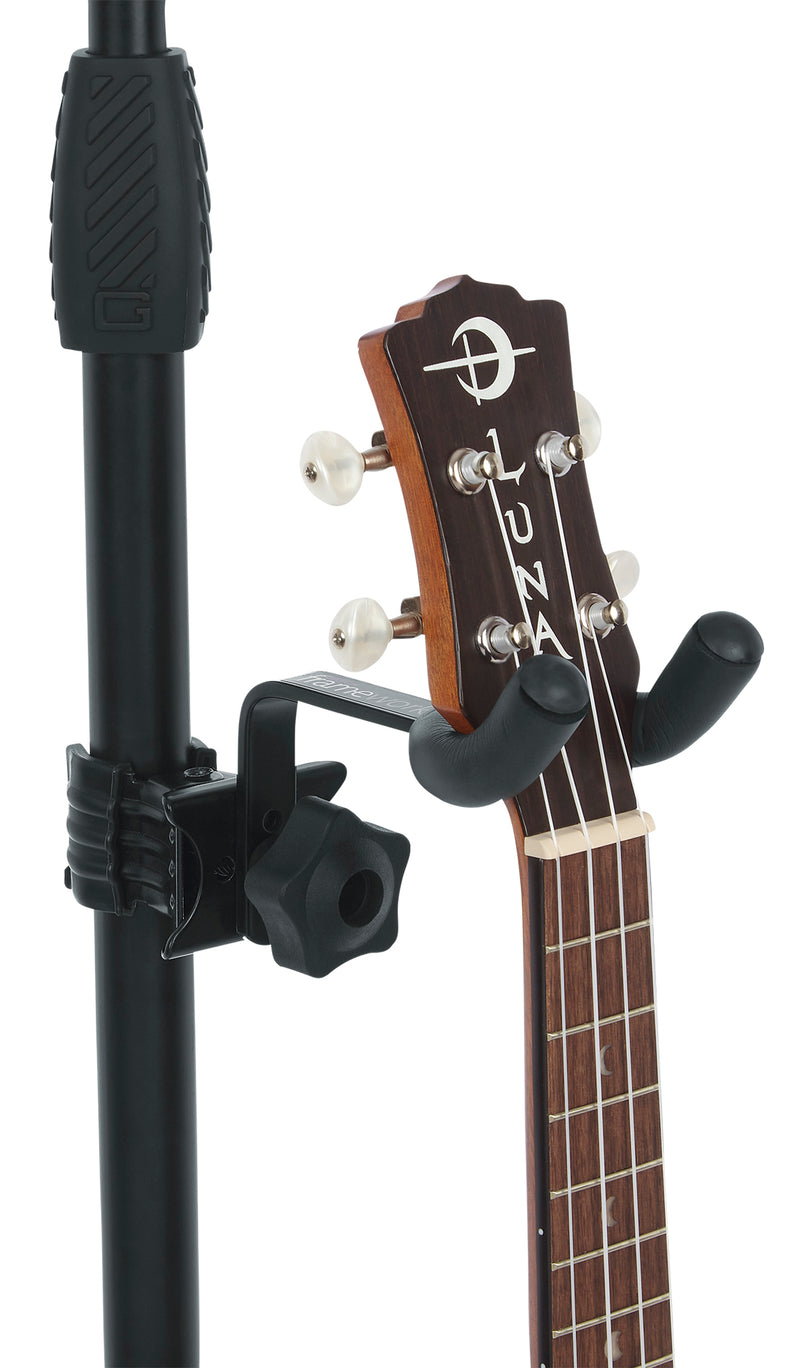 GATOR GFW-MICUKE-HNGR Uke and Mandolin hanger that clamps on mic stands. - Ukulele/Mandolin Hanger for Microphone Stands