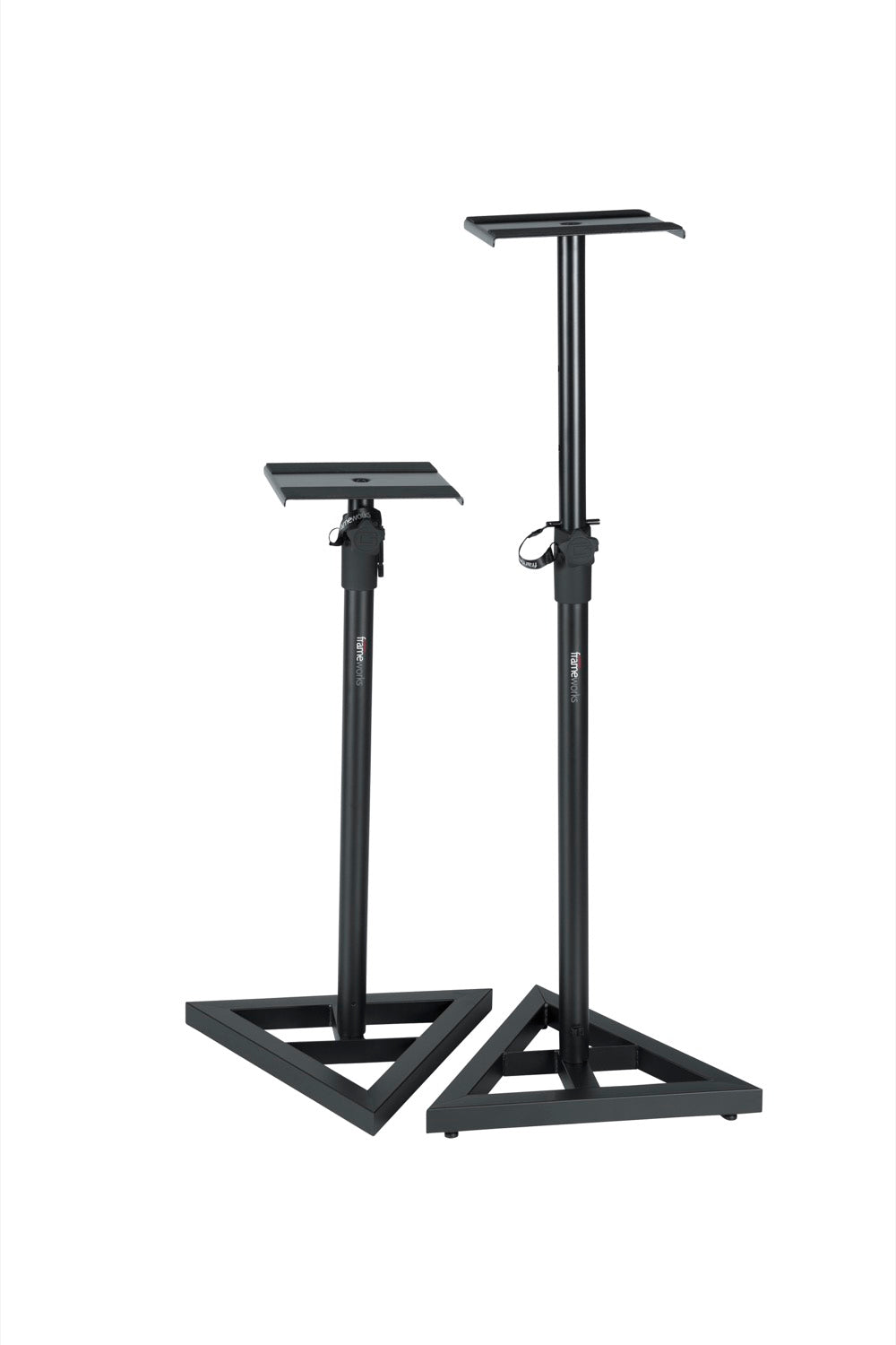 GATOR GFW-SPK-SM50 Pair of height adjustable studio monitor stands with protective rubberized pedestal surface and wide base for stability. Max height of 53 inches.