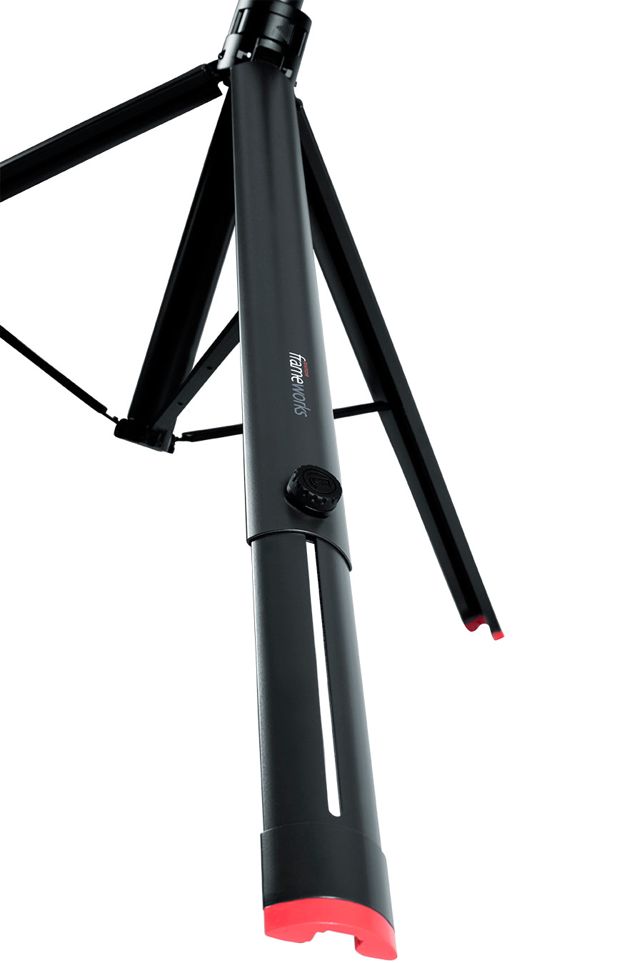 GATOR GFW-ID-SPKR ID series adjustable speaker stand with piston driven lift assistance, easy one handed CAM operation, and adjustable 3rd leg for uneven surfaces.