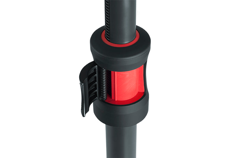 GATOR GFW-ID-SPKR ID series adjustable speaker stand with piston driven lift assistance, easy one handed CAM operation, and adjustable 3rd leg for uneven surfaces.