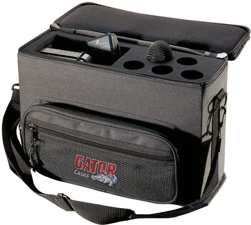 GATOR GM-5W Padded bag for 5 wireless systems •  Large storage compartment for receivers and accessories • Shoulder strap • 600-Denier Nylon Exterior.