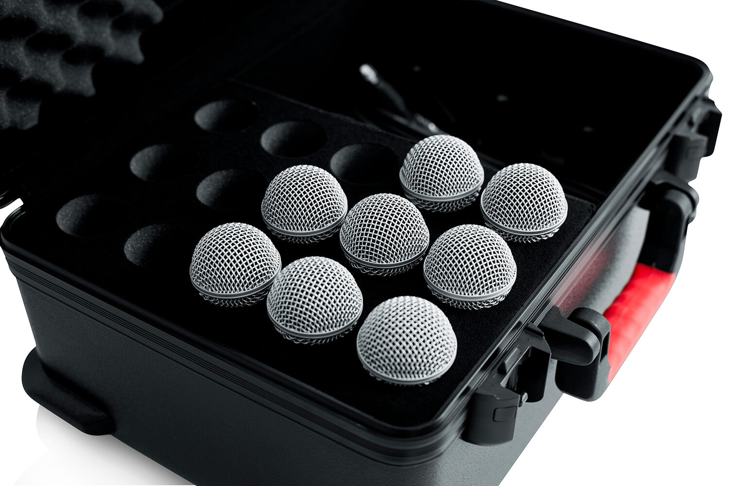 GATOR GTSA-MIC15 ATA Molded Case w/ Drops for 15 Mics; TSA Latches • Lightweight polyethylene construction, TSA locking latches, Black • uninterrupted valance, Fits 15 microphone drops