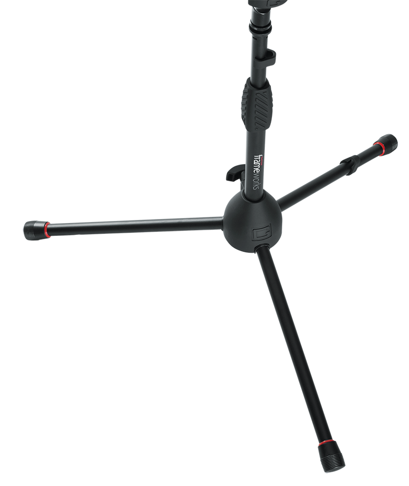 GATOR GFW-MIC-2100 Deluxe tripod mic stand with deluxe one handed clutch. Heavy duty steel construction with collapsible tripod legs and removable red safety trim on feet.