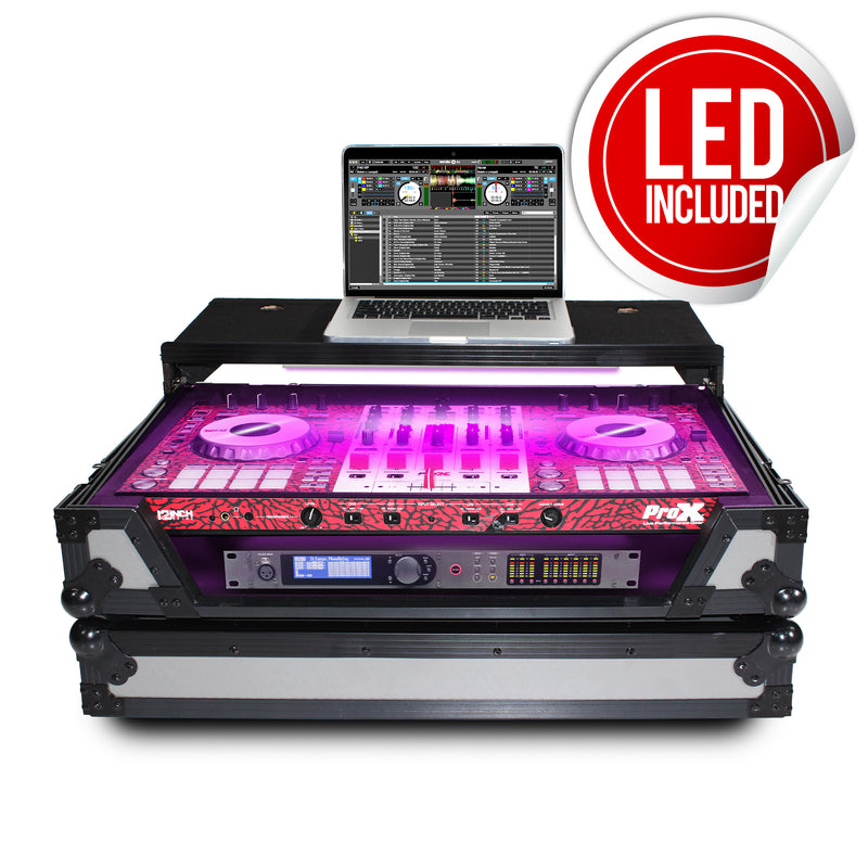 PROX-XS-DDJSX WLTGB LED - Flight Case For Pioneer DDJ-SX & DDJ-RX Series Digital Controllers W-LED | Sliding Laptop Shelf | Wheels | Black on Gray