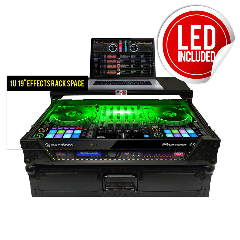 PROX-XS-DDJ1000 WLTBL LED - Flight Case For Pioneer DDJ-1000 / SRT, DDJ-SX3, and DDJ-FLX-6 - Incl. LED | Sliding Laptop Shelf | Wheels | Black on Black