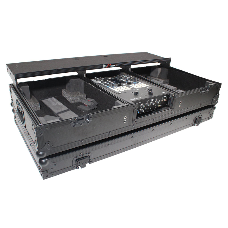 PROX-XS-TMC1012WLTFBTLBL - Flight Coffin Case For 12" Rane 72 Mixer and 2 Turntables in Battle Mode W/ Laptop Shelf and Wheels Black on Black