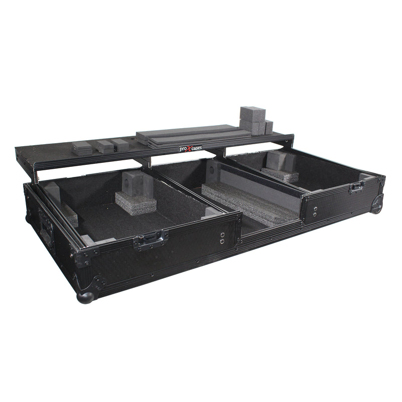 PROX-XS-TMC1012WLTFBTLBL - Flight Coffin Case For 12" Rane 72 Mixer and 2 Turntables in Battle Mode W/ Laptop Shelf and Wheels Black on Black