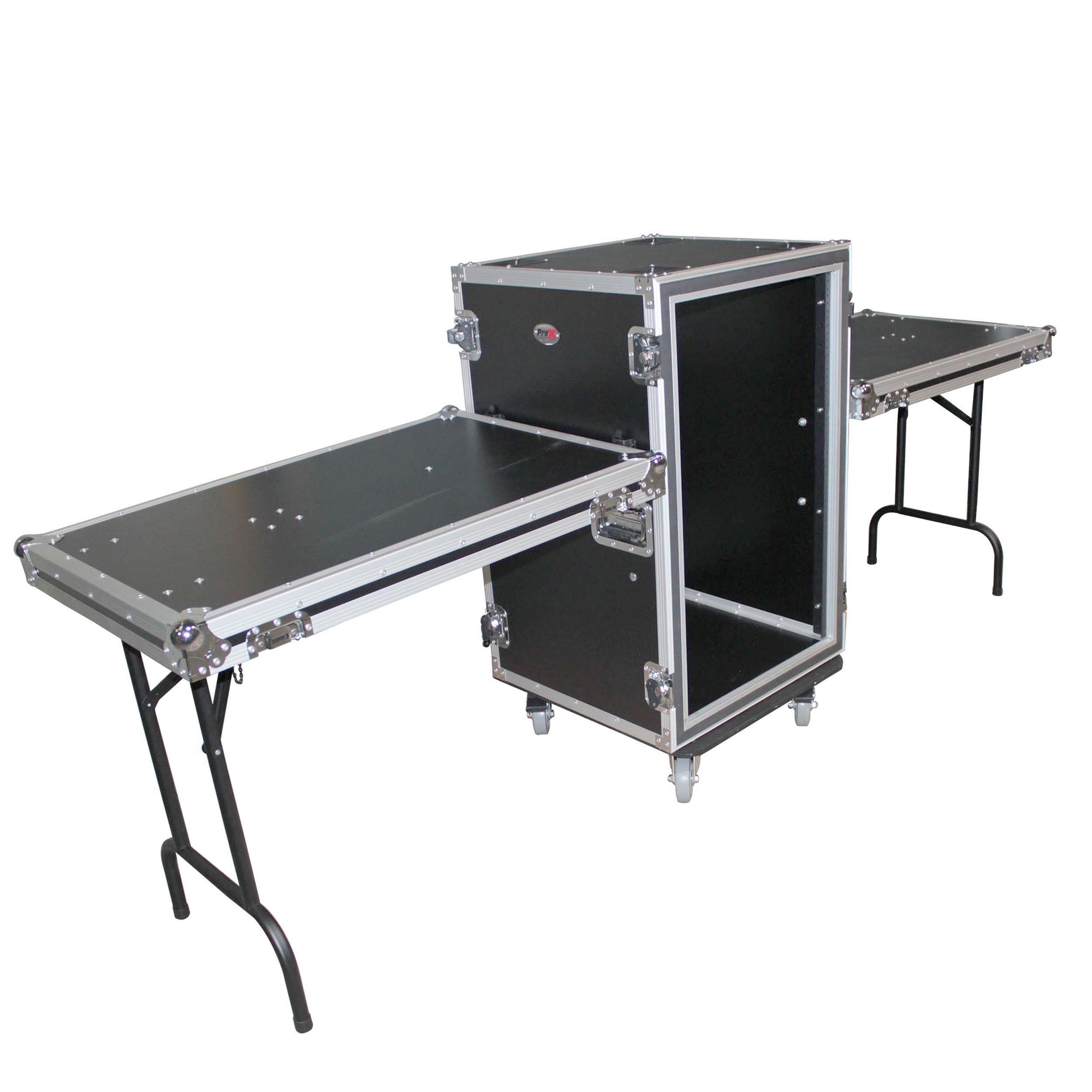 PROX-T-18RSP24DST Road Case - 18U Vertical Shockproof Amp Rack Case W-Side Tables and 4 Casters | 24 In Rail to Rail