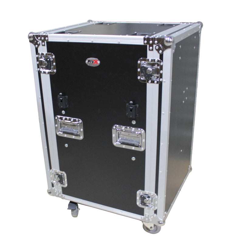 PROX-T-18RSP24DST Road Case - 18U Vertical Shockproof Amp Rack Case W-Side Tables and 4 Casters | 24 In Rail to Rail