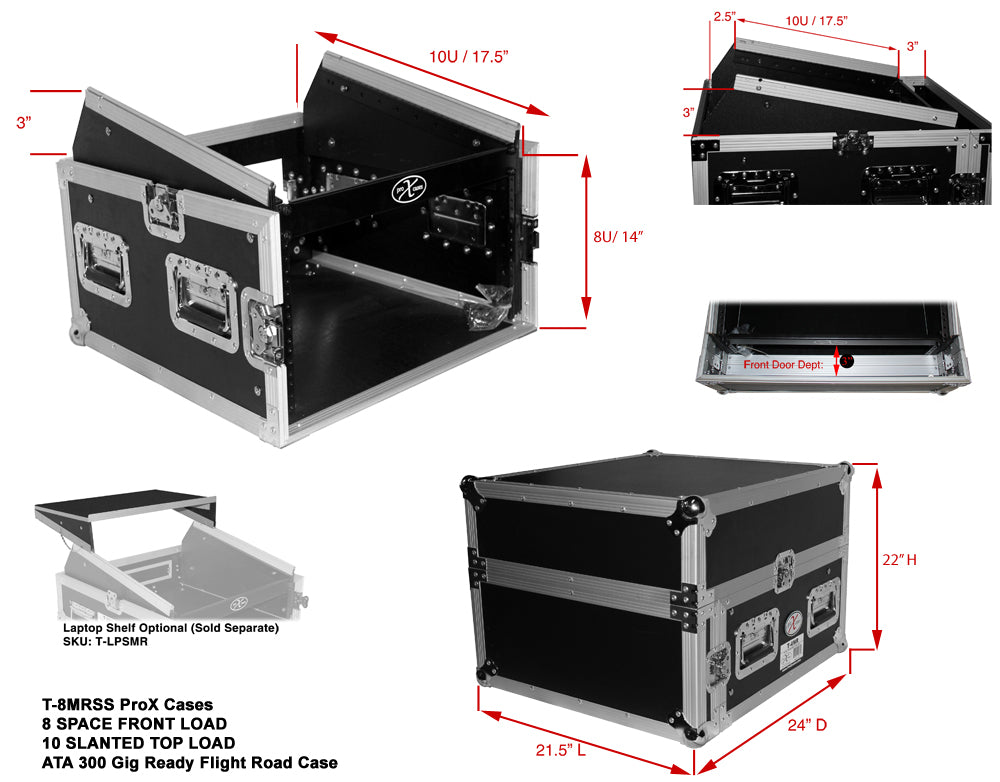 PROX-T-8MRLT Road Case - Flight Case DJ Combo 8U Rack x 10U Top Mixer W-Laptop Shelf