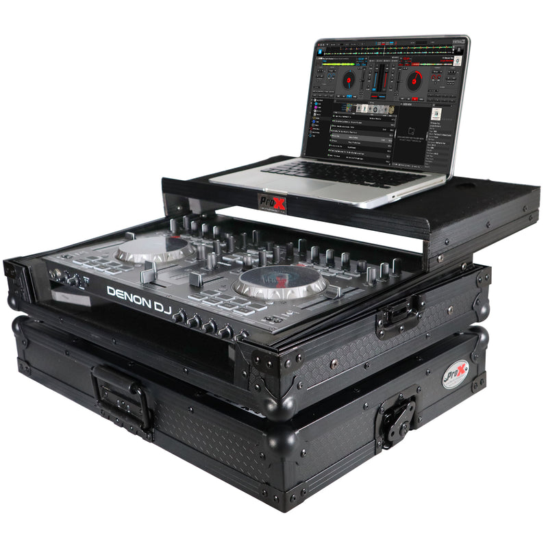 PROX-X-DNMC4000 LTBL DJ Controller Road Case - Flight Case for Denon MC4000 Digital Controller W-Laptop Shelf | Black on Black