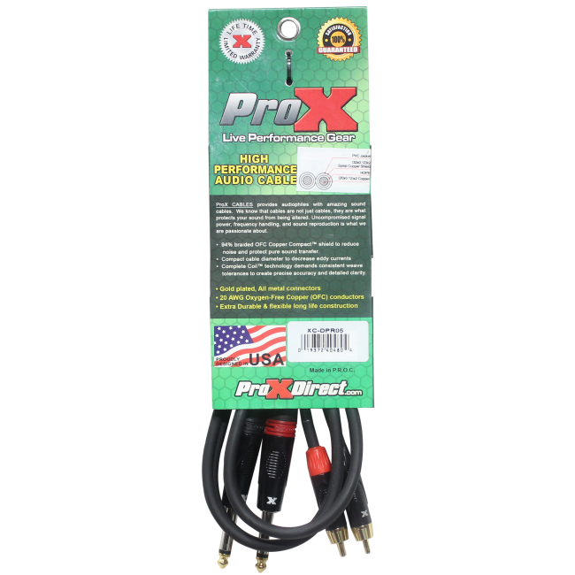PROX-XC-DPR05 Cable - 5 Ft. Unbalanced Dual 1/4" TS-M to Dual RCA-M High Performance Audio Cable