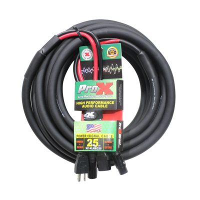 PROX-XC-XLREC25 AC/XLR Combo Cable - 25 Ft. Power Cord/Audio Cable IEC Female to NEMA 15P & Balanced XLR-M to XLR-F