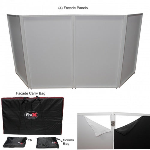 PROX-XF-4X3048W MKII DJ Façade with bag - 4 Panel DJ Facade Black Collapse and Go Facade Panels W-Carry Bag | Black-White Scrims