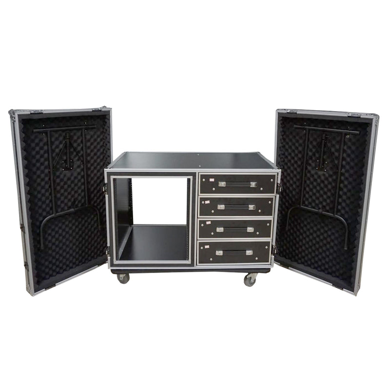 PROX-XS-12U4DTW - 12U Shockproof Workstation Case W-Dual Side Table and Drawers | 24 In Rail to Rail