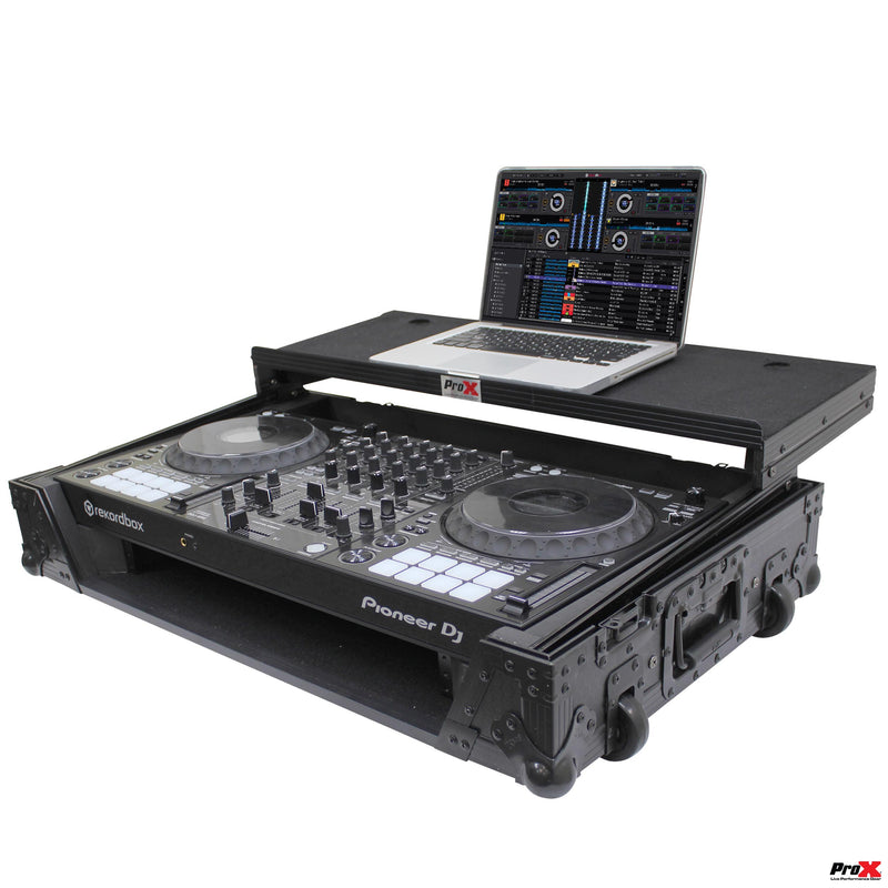 PROX-XS-DDJ1000 WLTBL LED - Flight Case For Pioneer DDJ-1000 / SRT, DDJ-SX3, and DDJ-FLX-6 - Incl. LED | Sliding Laptop Shelf | Wheels | Black on Black