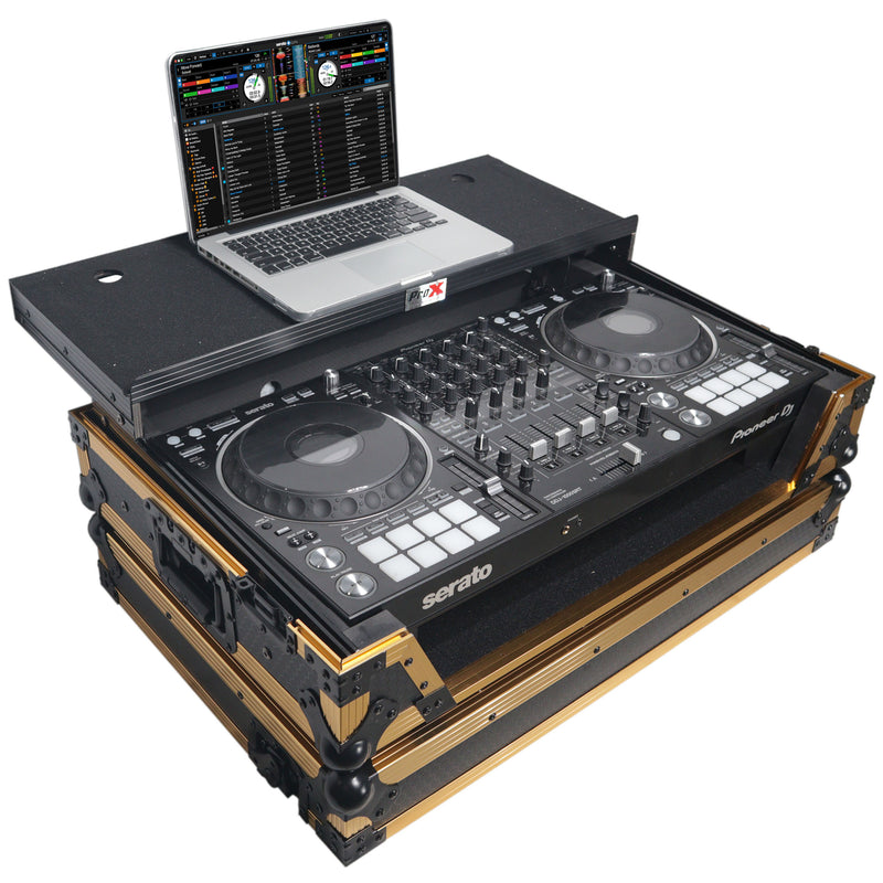 PROX-XS-DDJ1000 WLTGLD LED - Flight Case for Pioneer DDJ-1000 SRT SX3 | FLX6 Digital Controller Laptop Shelf & Wheels | Gold Black Finish