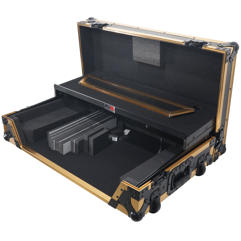 PROX-XS-DDJ1000 WLTGLD LED - Flight Case for Pioneer DDJ-1000 SRT SX3 | FLX6 Digital Controller Laptop Shelf & Wheels | Gold Black Finish