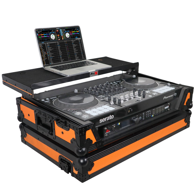 PROX-XS-DDJ1000 WLTOB LED - Flight Case for Pioneer DDJ-1000, DDJ-1000 / SRT, DDJ-SX3, and FLX6 Digital Controller W-Laptop Shelf & Wheels | Black on Orange