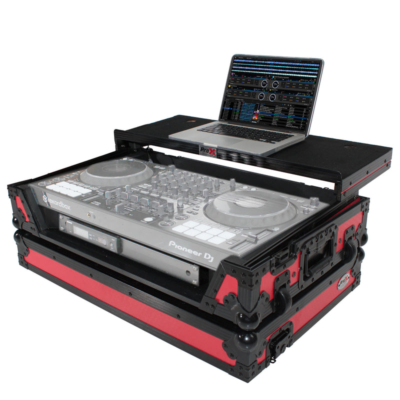 PROX-XS-DDJ1000 WLTRB LED - Flight Case for Pioneer DDJ-1000 / SRT, DDJ-FLX-6, and DDJ-SX3 Digital Controller W-Laptop Shelf & Wheels | Black on Red