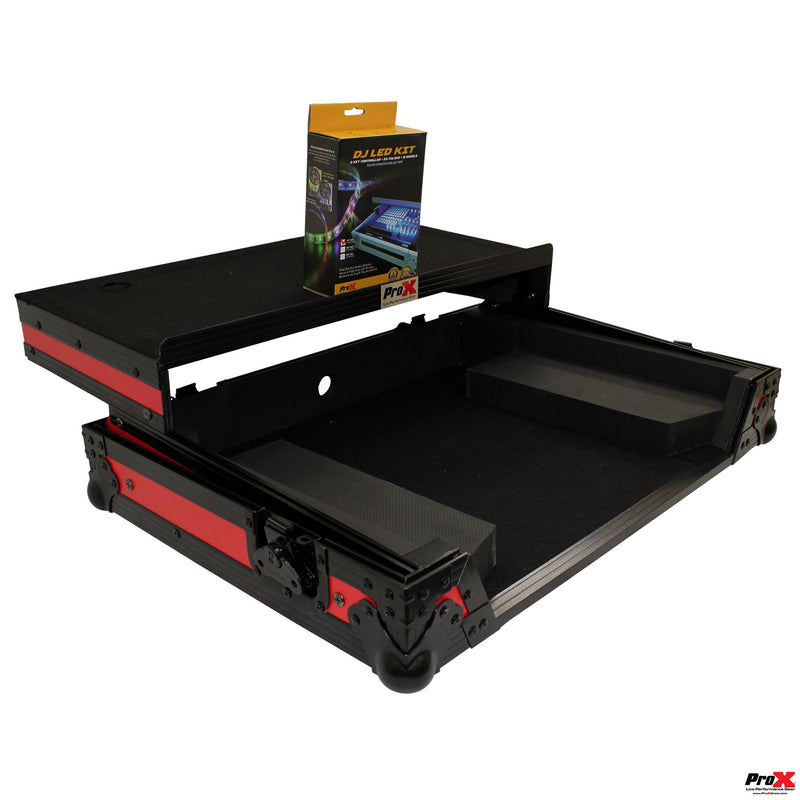 PROX-XS-DDJSR2 LTRB LED - Flight Case for Pioneer DDJ-SR2 Digital Controller W-Laptop Shelf and Bonus LED Kit | Black on Red